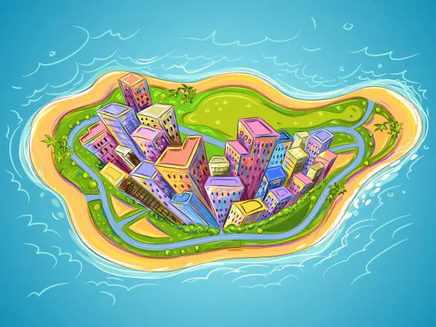 Vector illustration of Aerial view of Island City