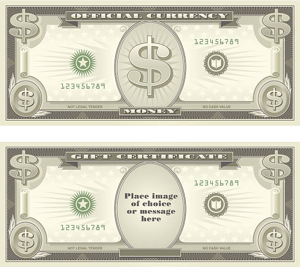 Currency and Gift Certificate Representational artwork of US dollar bills, can be used to signify money or as a gift certificate design.  Center area may be easily removed to add photo of choice, or text. currency us paper currency dollar one dollar bill stock illustrations