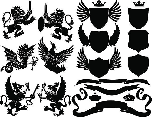 ilustraciones, imágenes clip art, dibujos animados e iconos de stock de negro elementos de cresta - grunge shield coat of arms insignia