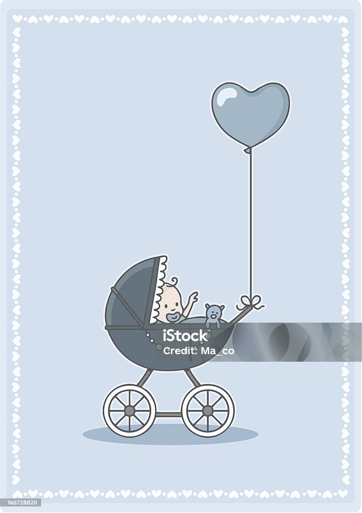 Niedlichen baby Junge im Kinderwagen mit Herz-Luftballons - Lizenzfrei Kinderwagen Vektorgrafik