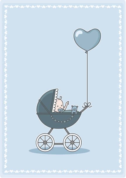 baby boy en los encantadores stroller con globo corazón - ilustración de arte vectorial