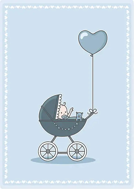 Vector illustration of adorable baby boy in the stroller with heart balloon