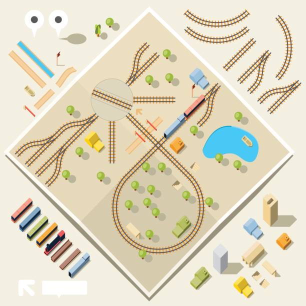 DIY train and rail set - birds eye view Do it yourself train set- axonometric projection. Several engines, cars, rails and buildings to design your map.  railroad track illustrations stock illustrations