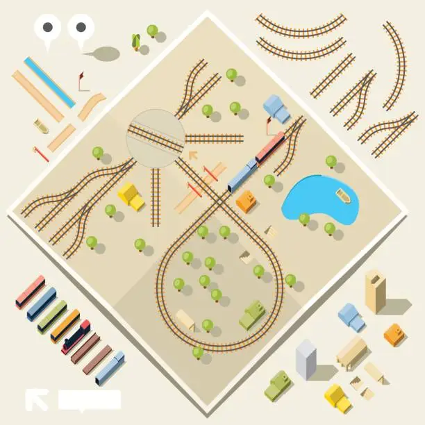 Vector illustration of DIY train and rail set - birds eye view