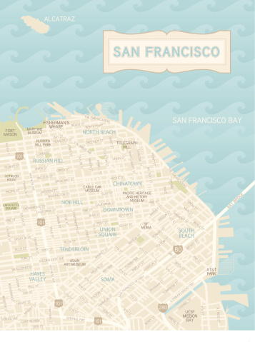 A detailed map of downtown San Francisco. Includes parks, neighborhoods and points of interest, all on separate layers. The San Francisco label is also on a separate layer for easy removal. An extra-large JPG is included so you can crop in to the area you need. 