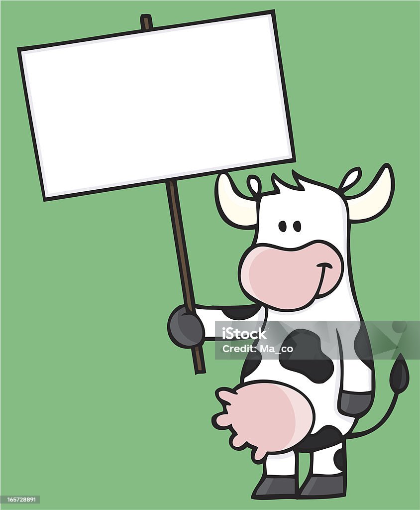 Comic Cow Holding A Blank Sign illustration of a smiling cow holding a blank sign for your text on green Background -  Domestic Cattle stock vector