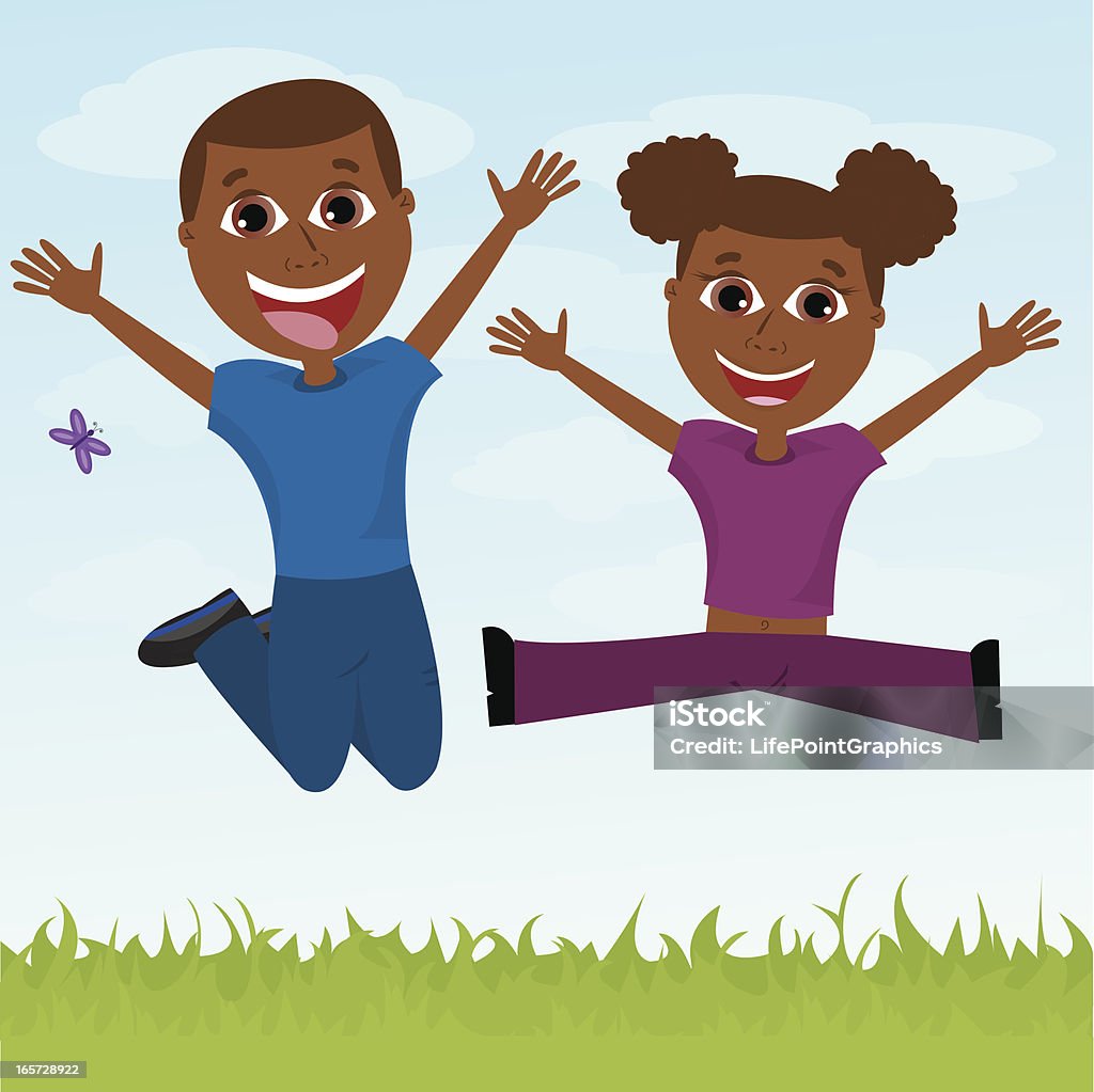 Due bambini felici saltando afro-americana - arte vettoriale royalty-free di Bambini maschi