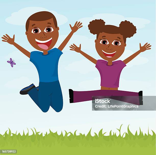 Due Bambini Felici Saltando Afroamericana - Immagini vettoriali stock e altre immagini di Bambini maschi - Bambini maschi, Felicità, Fumetto - Creazione artistica