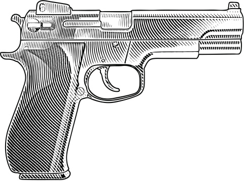 Engraving style illustration of semi-automatic 9mm handgun.