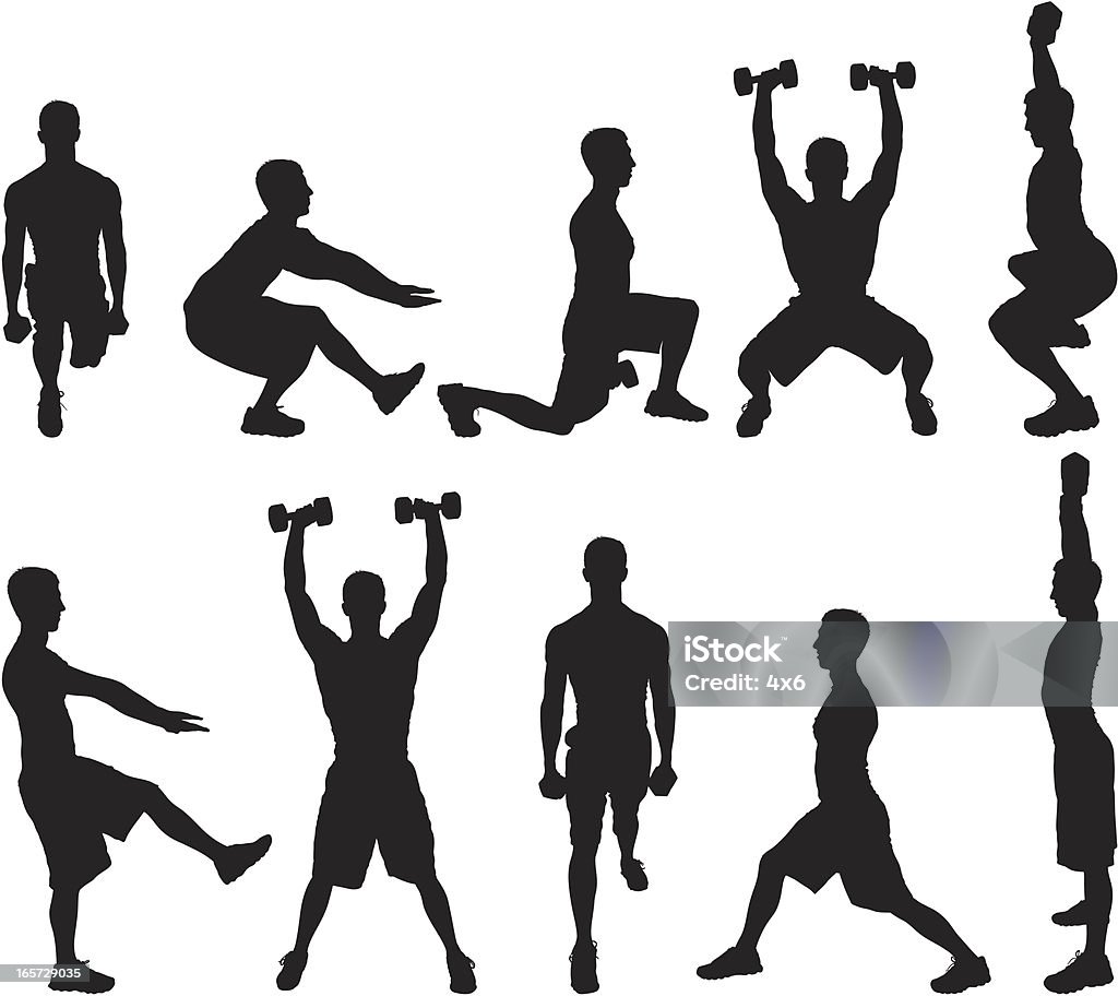 Hombre haciendo ejercicios con pesas - arte vectorial de Hombres libre de derechos