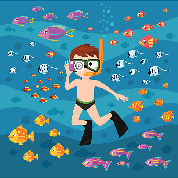 snorkeling with a camera vector art illustration