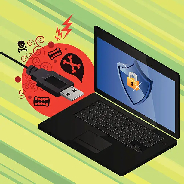 Vector illustration of Usb infected and protected pc