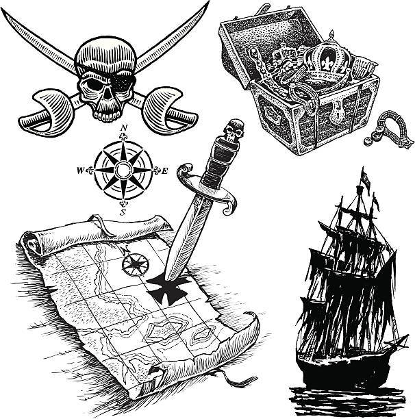 Pirate Items with Tresure Map, Ship and Skull Pirate items. Pen and ink style illustration of a pirate ship, map and treasure. Use as positive image or reverse out of layout. Ghost art back as design element or color it. Check out my "Vector Pirate, Treasure, Ships" light box for more. map treasure map old pirate stock illustrations