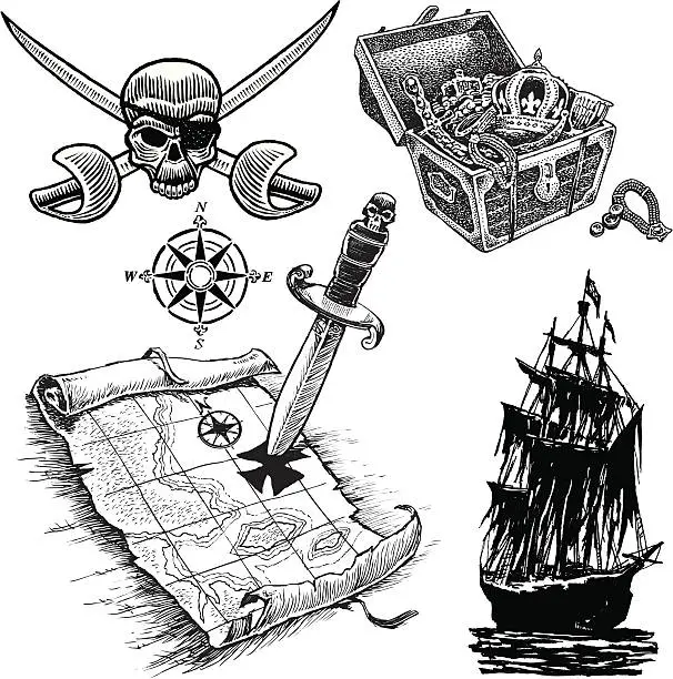 Vector illustration of Pirate Items with Tresure Map, Ship and Skull