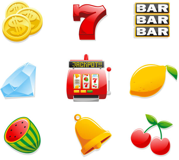 istock Casino Slot Machine Icons Coins Seven Bar Diamond Jackpot Lemon 165729291