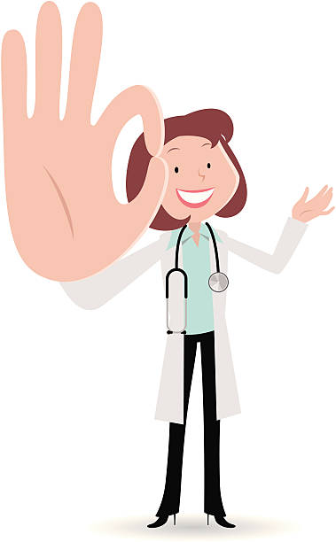ilustrações de stock, clip art, desenhos animados e ícones de mulher médico a sorrir e a gesticular sinal de mão ok - doctor vector radiologist happiness