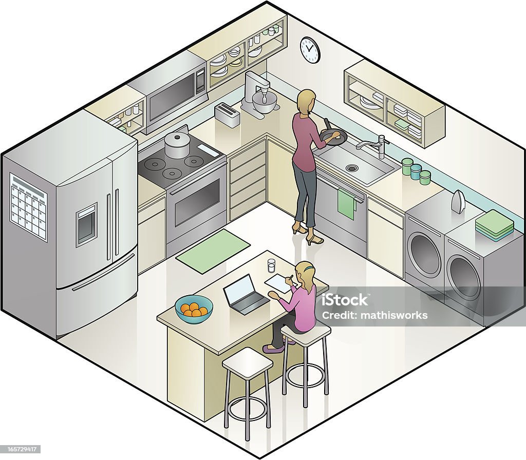 An illustration of a woman cooking in the kitchen A woman and girl in a kitchen.  Kitchen stock vector