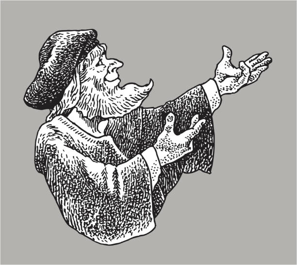 Nostradamus Renaissance Genius Pointing The Way Pen and ink style illustration of a Nostradamus Renaissance genius. Use as positive image or reverse out of layout. Ghost art back as design element or color it. Check out my "Vector Pen and Ink Style" light box for more. nostradamus stock illustrations