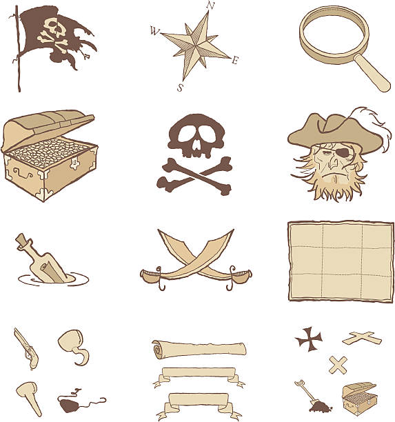 Pirate Icons The whole illustration is made with four spotcolors for easy recoloring. And of course neatly groupped for easy use. map treasure map old pirate stock illustrations