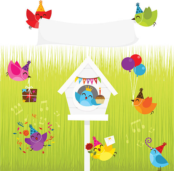 ilustrações de stock, clip art, desenhos animados e ícones de pássaro feliz dia, twitter pássaro azul, alimentos para animais, de meios de comunicação social, a seguir - party hat birthday confetti streamer