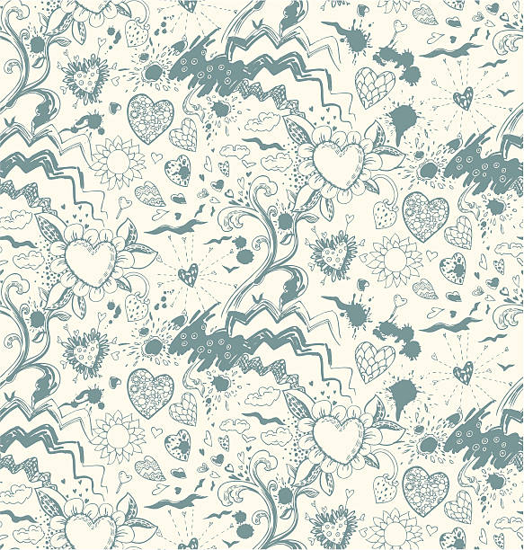 seamless romantic doodles handdrawn surreal Valentine's background teenager doodle stock illustrations
