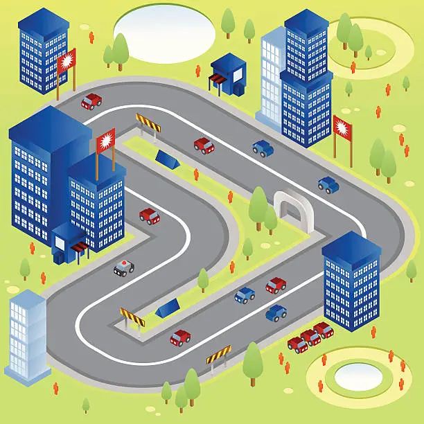 Vector illustration of Isometric city with road and skyscrapers