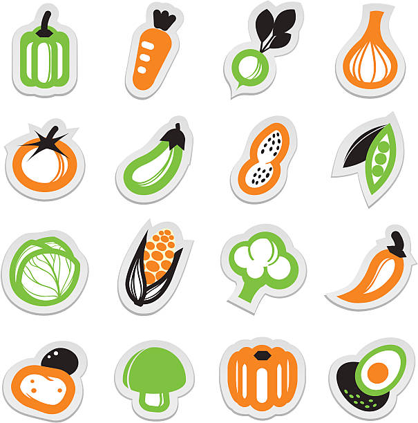 ilustraciones, imágenes clip art, dibujos animados e iconos de stock de icono de vegetales pegatina - bean avocado radish nut