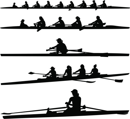 Vector illustration of womens crew rowers and boats. 