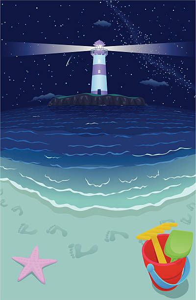 Playa & faro de la isla de noche versión - ilustración de arte vectorial