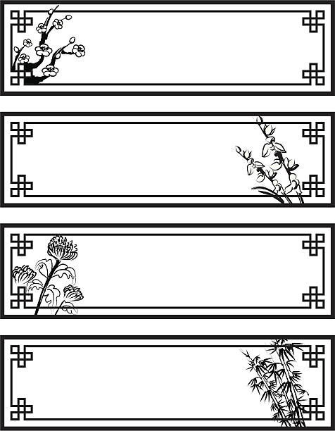 4 월 오브 꽃 배너 - silhouette leaf ornate ancient stock illustrations