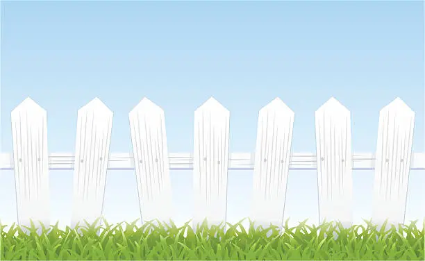 Vector illustration of White picket fence, grass, and sky (tiles seamlessly)