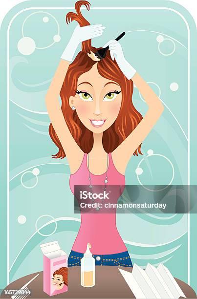 Ładna Redhead Kolorować Jej Włosy - Stockowe grafiki wektorowe i więcej obrazów Makijaż - Makijaż, Poprawa, Butelka