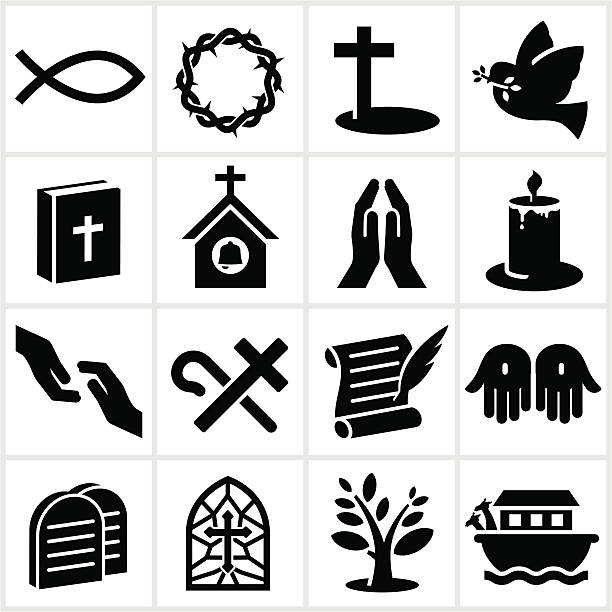 Black Christianity Icons Christian icons in black and white. All white strokes and shapes are cut from the icons/illustrations. religion symbols stock illustrations