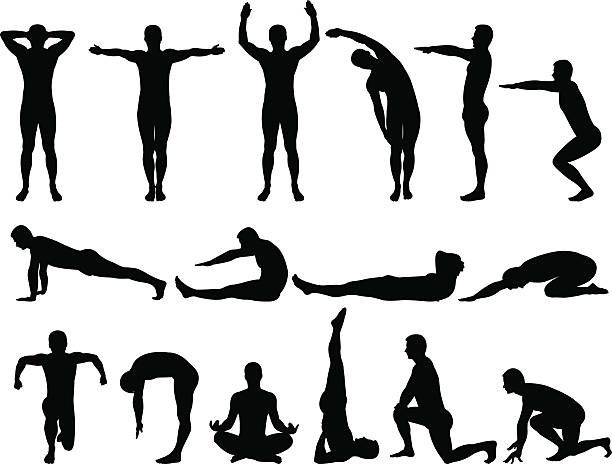 Male silhouettes fitness Vector illustration of male silhouettes doing fitness and yoga push ups stock illustrations