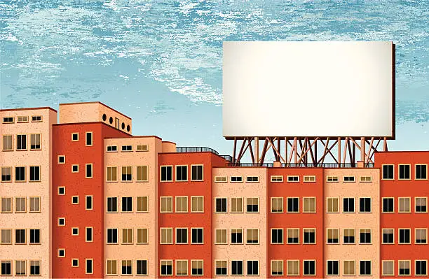 Vector illustration of buildings and billboard with cloudy background
