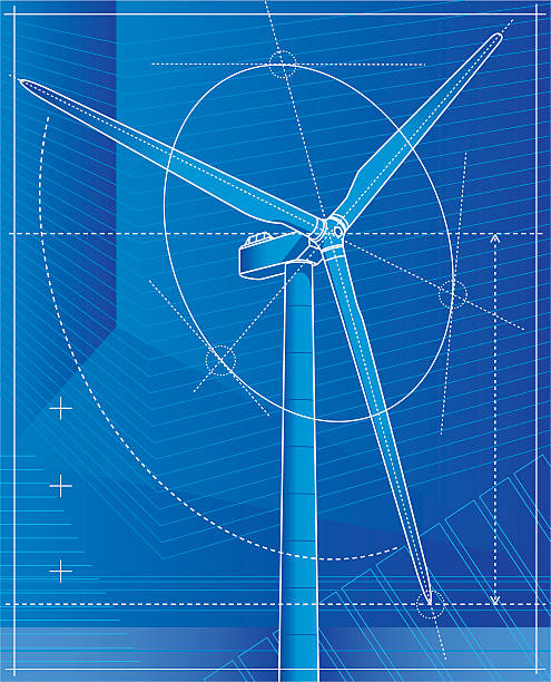 illustrazioni stock, clip art, cartoni animati e icone di tendenza di turbina a vento cianografia - pale eoliche