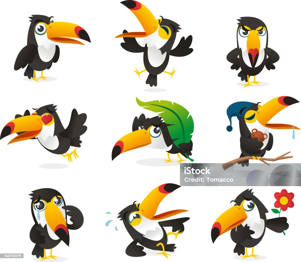 Nine Tucan Icon Set Nine Toucan cartoon collection, with nine tucan in different situations like, standing toucan, flying toucan, mad toucan, in love toucan, with leaf toucan, perching toucan, crying toucan, laughing toucan and with flower toucan. Toucan stock vector