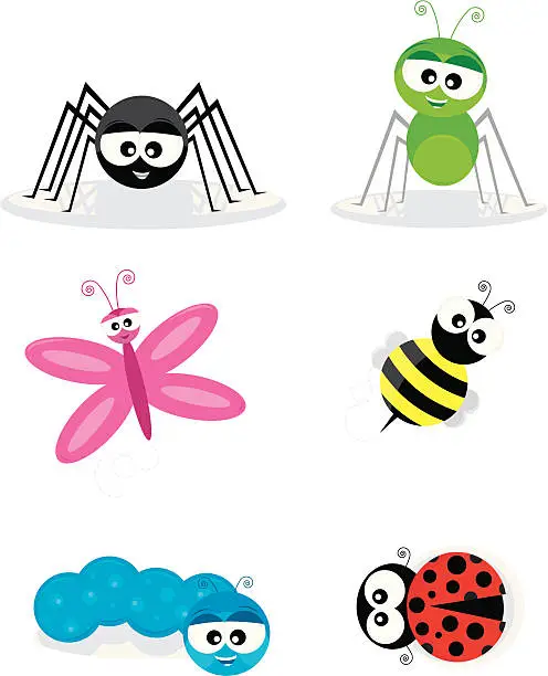 Vector illustration of Six Cute Cartoon Insects