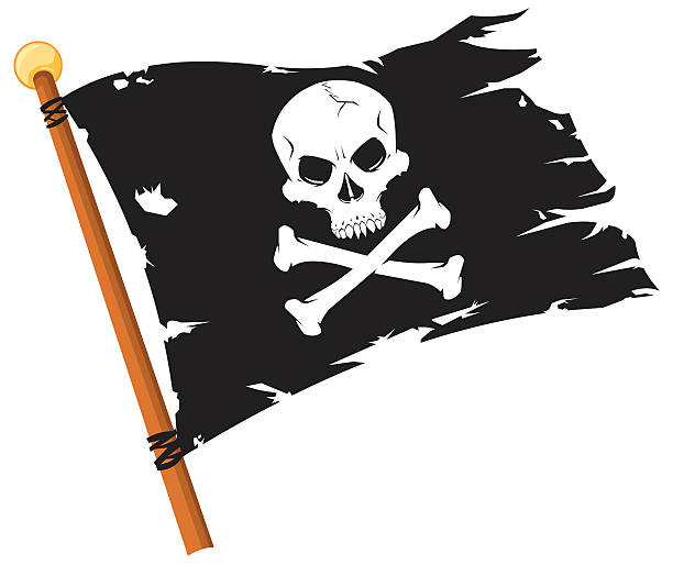 Pirate Flag Jolly Roger Vector illustration for use with any pirates or piracy. A jolly roger skull and crossbones pirate flag that is tattered and attached to a flagpole. pirate flag stock illustrations