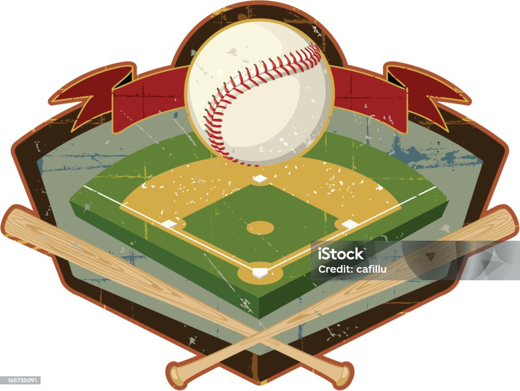 Retro Sheild con campo de béisbol y los murciélagos - arte vectorial de Campo de béisbol libre de derechos