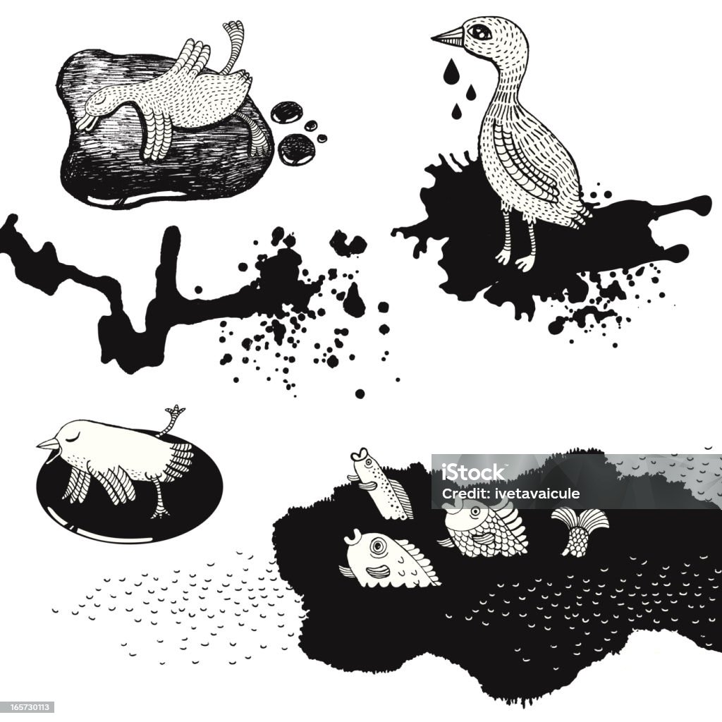 Animals and birds affected by oil spill Vector file of the hand drawn birds and fish suffering in the oil. Oil Spill stock vector