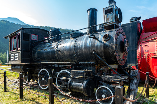 Vintage railroad locomotive at Klondike Gold Rush National Historical Park, Alaska, USA.
