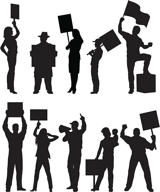 protesters silhouetten - bullhorn protest shaking fist men stock-grafiken, -clipart, -cartoons und -symbole