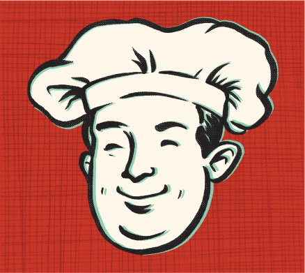 this is a cook, hes on a hand drawn back ground in a hand drawn style. 