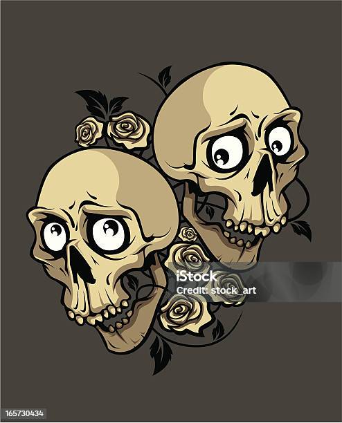 Dois Sorrir Skulls Com Rosas - Arte vetorial de stock e mais imagens de Estilo Gótico - Estilo Gótico, Flor, Anatomia