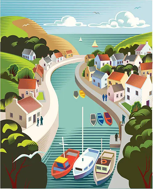 Vector illustration of A graphic of boats on a stream passing through a town