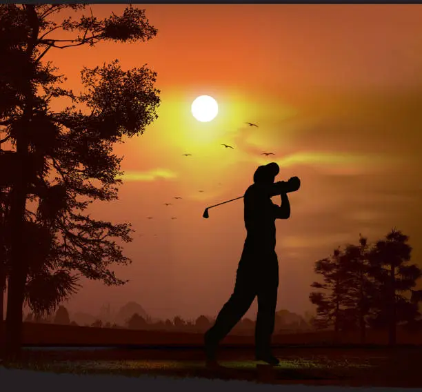 Vector illustration of Golfer at dusk