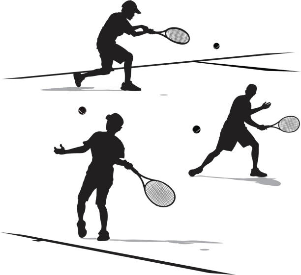 ilustrações, clipart, desenhos animados e ícones de dando voleio bola-jogador de tênis masculino - silhouette tennis competitive sport traditional sport