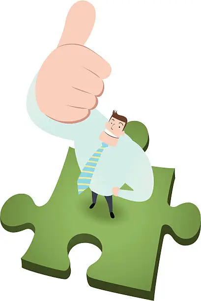 Vector illustration of Men Standing On Green Jigsaw Solution And Gesturing Thumbs Up