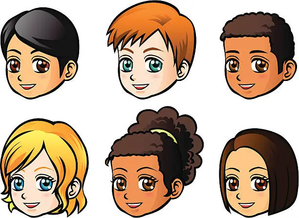 Vector illustration of Faces of children (side view)